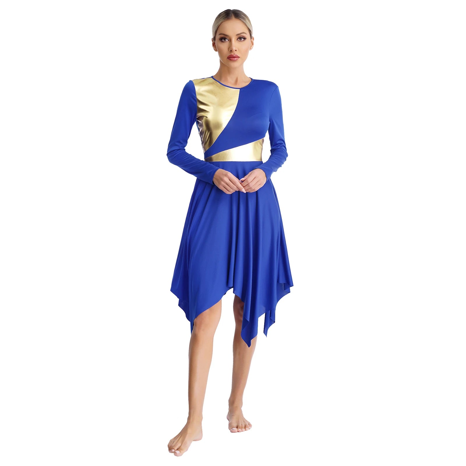 Robe de danse lyrique à manches longues pour femmes, robe à ourlet irrégulier, costume de spectacle liturgique, vêtements de danse modernes, culte de la chorale d'église