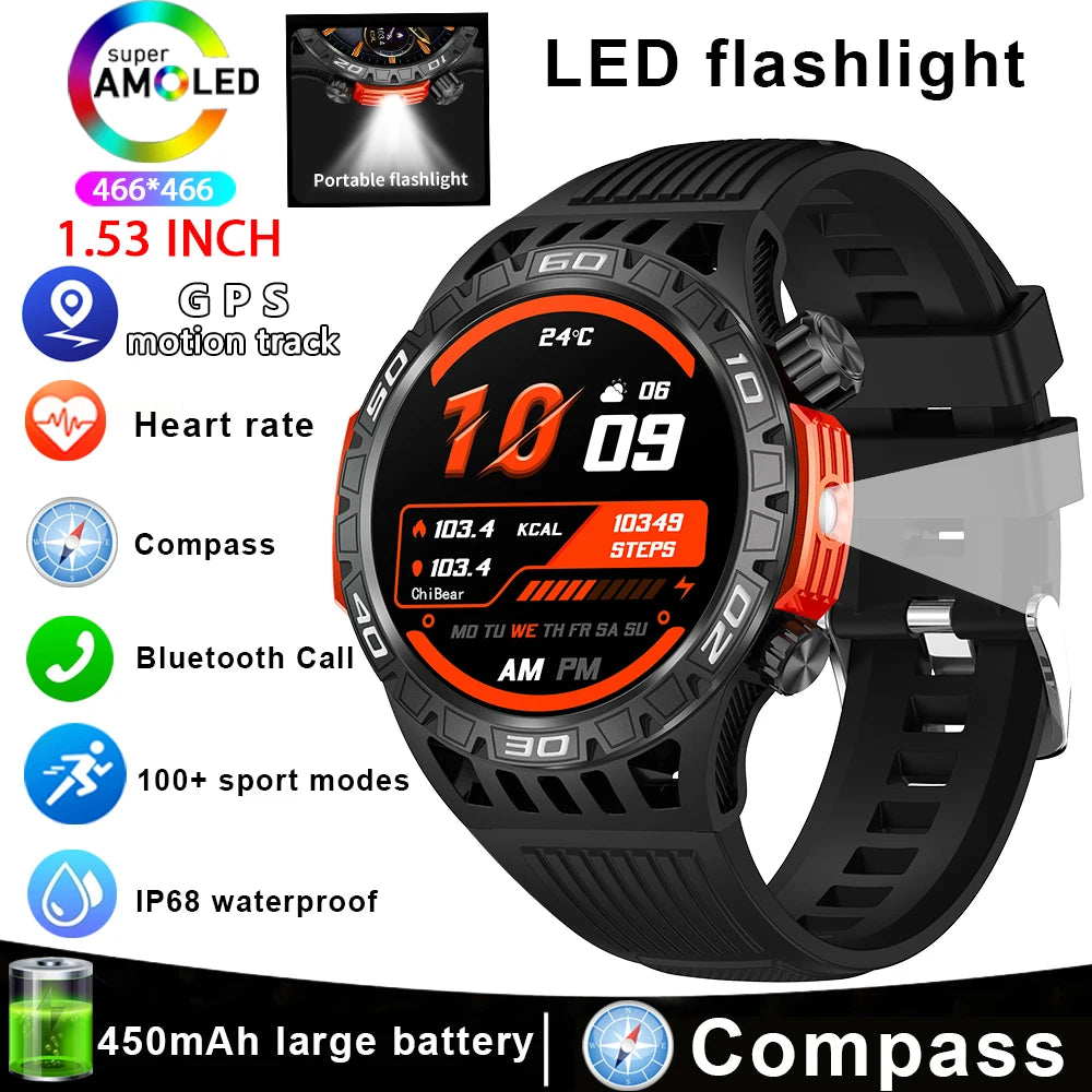 Montre intelligente étanche avec éclairage LED pour homme, boussole, tracker de fitness sportif, IP68, Bluetooth, conversation, Android, iOS