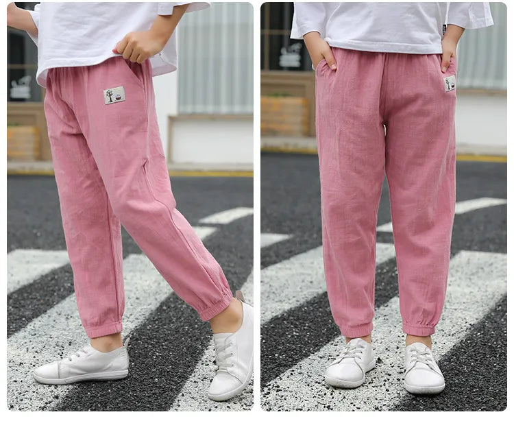 Pantalons pour enfants pour garçons et filles, en coton et lin, taille élastique, couleur unie, pantalons moustiques d'été, vêtements pour enfants, pantalons longs 100-160cm
