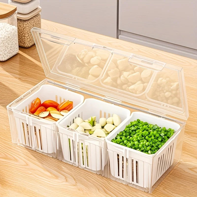 Boîtes de rangement pour réfrigérateur à 3 grilles, organisateur d'ail, oignon, poivre, fruits et légumes, bac à légumes, bac à légumes, conteneurs scellés de cuisine ﻿