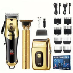 Kit de toilettage pour hommes, ensemble de 3 pièces, tondeuse à cheveux dorée noire avec écran LCD, rechargeable par USB, 8 peignes de guidage, tondeuse et rasoir