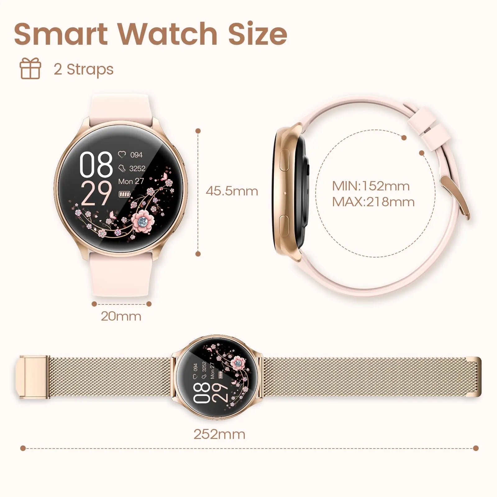 Montre intelligente pour femme avec fonction téléphone, écran tactile HD 1,39 pouces avec moniteur, cycle menstruel, surveillance du sommeil, pedom
