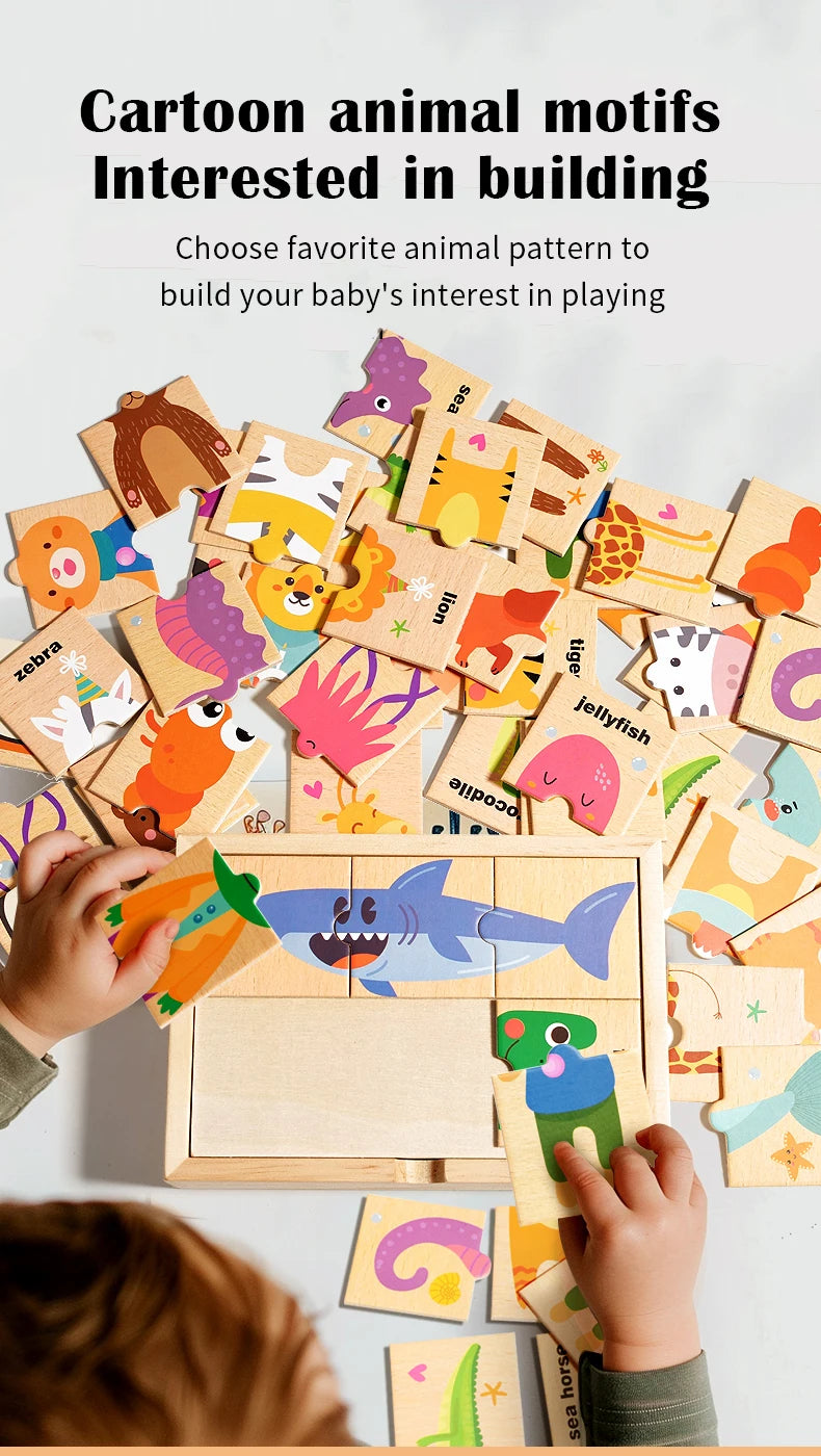 Puzzle assorti en forme d'animal de dessin animé pour enfants, planche de puzzle de cognition de mots anglais pour l'éducation précoce des bébés, jouet en bois