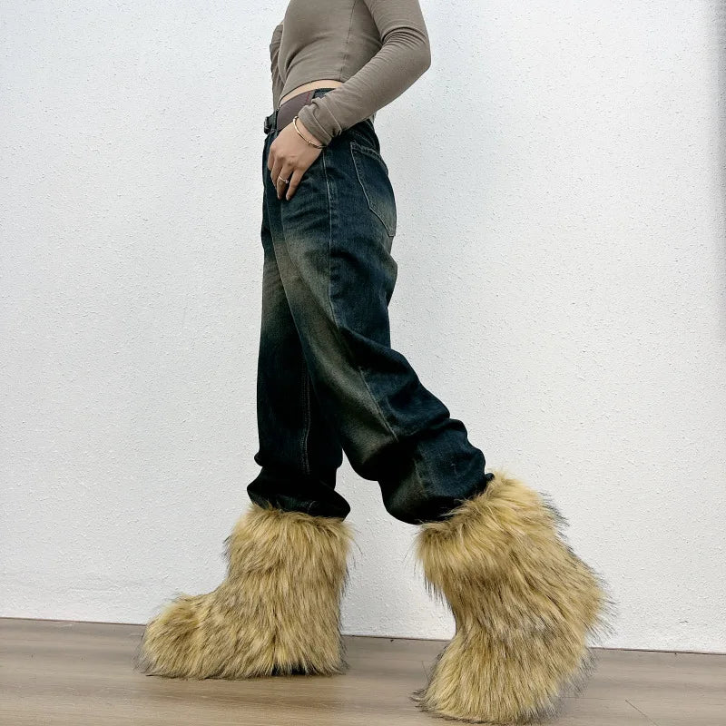 Bottes de neige mi-mollet en fourrure pour femmes et filles, chaussures en peluche chaudes, plate-forme extérieure, document solide, mignon, hiver, Y2K, 2023