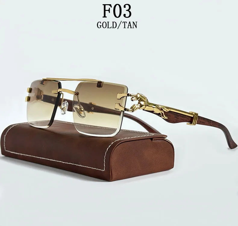 Frameless square wooden sunglasses for men and women, vintage, fashionable, luxury, retro, 2023