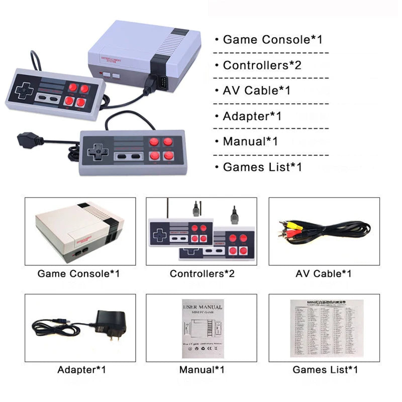 Retro game console, Mini classic video game system, 620 built-in AV games, 8-bit NES FC TV console, gift for adults and children
