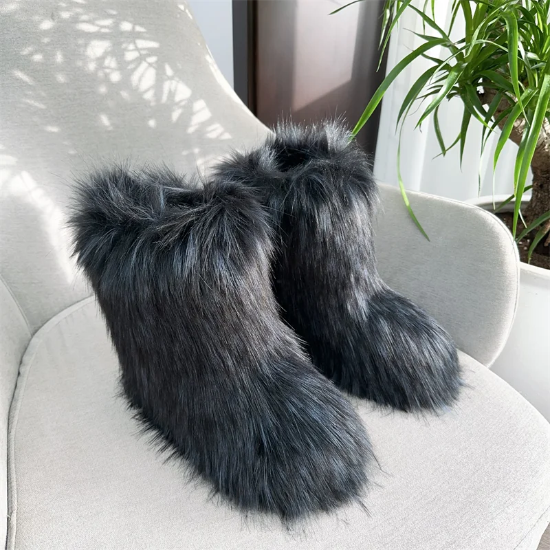 Nouveau Hiver fourrure une pièce fourrure de raton laveur femme bottes de neige chaussures de fourrure en plein air mi jambe bottes