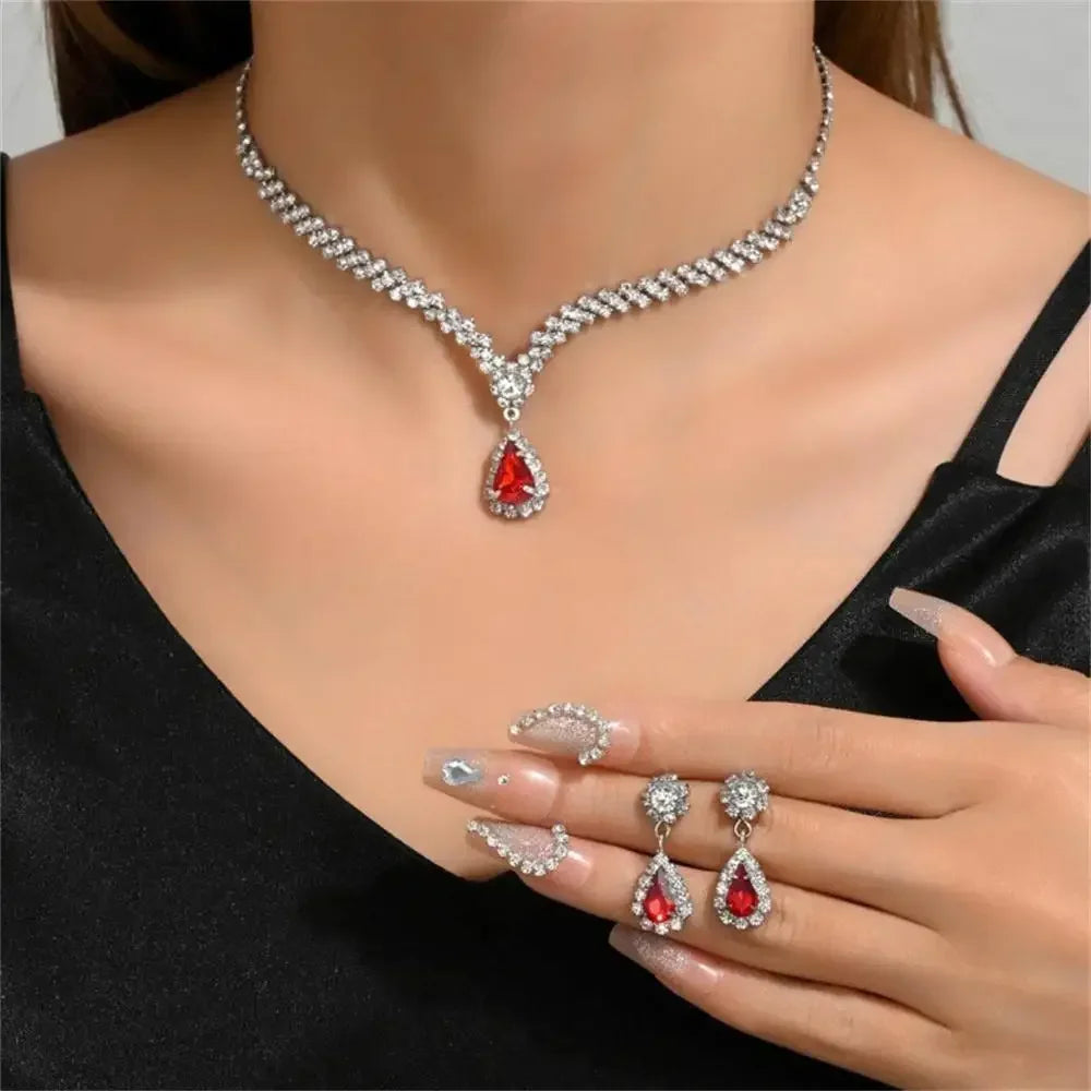 Elegant Teardrop Jewelry Set for Women, Rhinestone Pendant, Necklace, Earrings, for Wedding Dress, Patients, 2 Pieces/Set