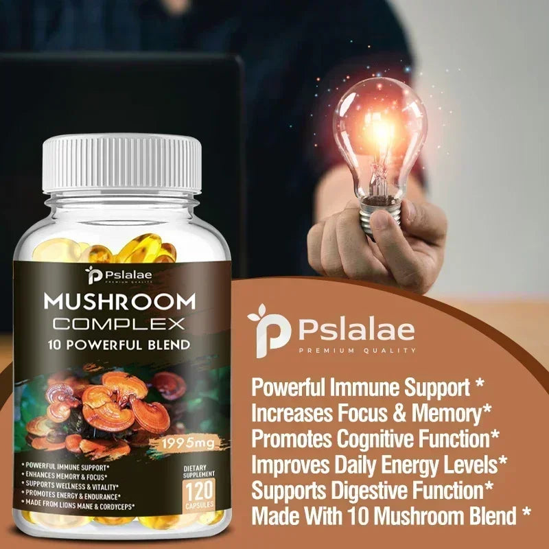 Capsules complexes de champignons - Cordyceps Reishi, immunité, stress, énergie, clarté mentale et soutien de la concentration - Supplément cérébral