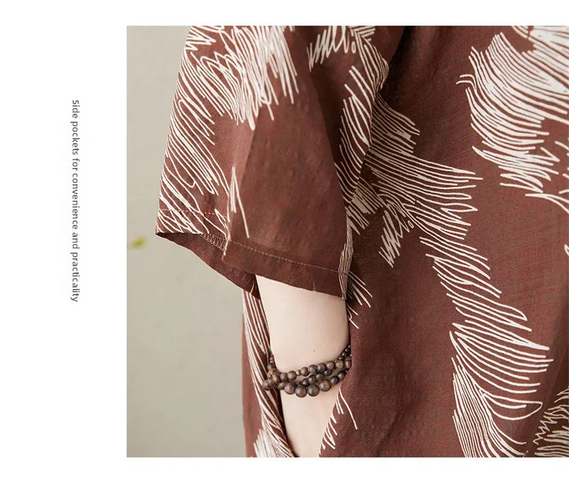 Summer commute. Cotton linen print loose long dress with high neck A-line skirt. Seven long dresses available in plus sizes.