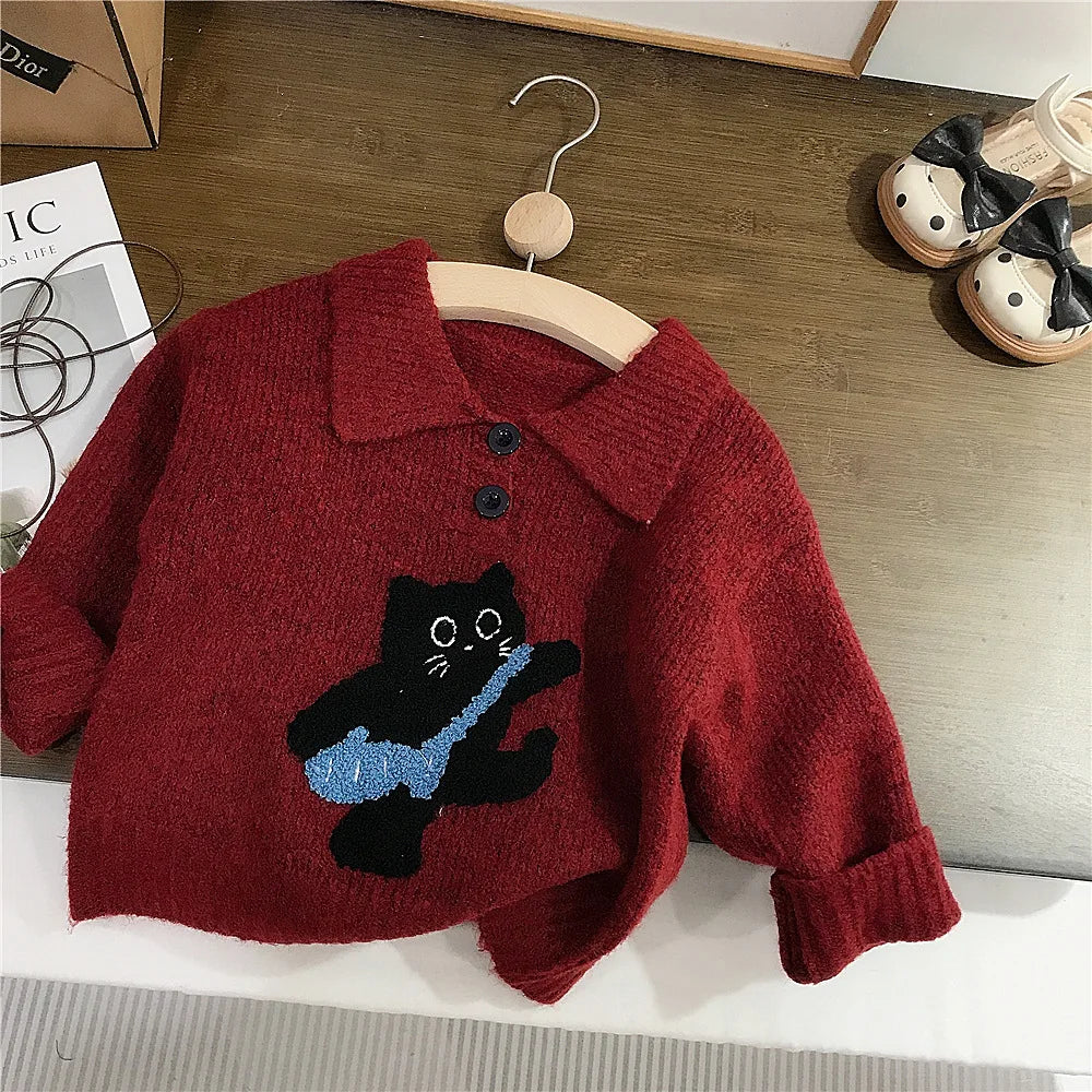 Automne hiver enfants vêtements coton chat Jacquard col rabattu enfant fille pull costumes ample Plaid enfant en bas âge bébé fille jupes