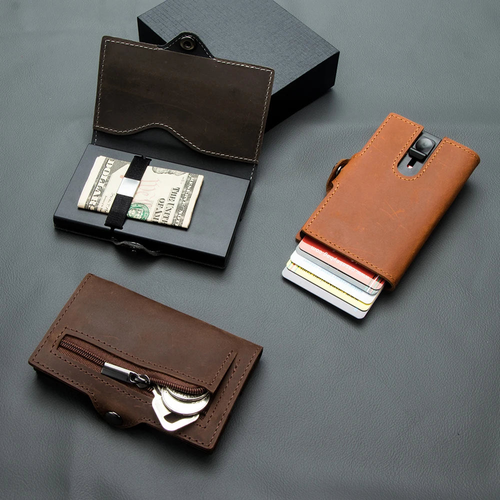 CASEKEY hommes portefeuilles véritable cuir de vache Pop Up affaires porte-carte de crédit RFID blocage mince intelligent portefeuille en Fiber de carbone avec poche