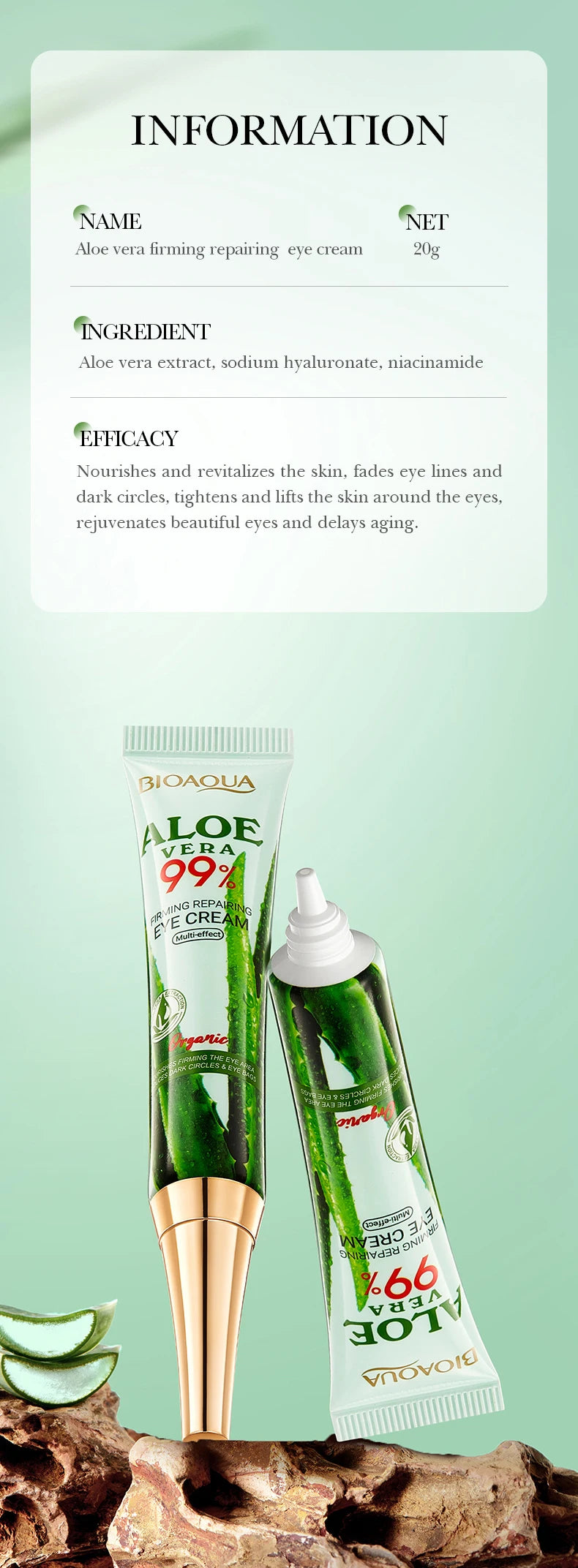 2 pièces/kit BIOAQUA Aloe Vera ensembles de soins de la peau crème pour les yeux du visage hydratant raffermissant crèmes à l'aloe vera ensemble de soins de la peau du visage