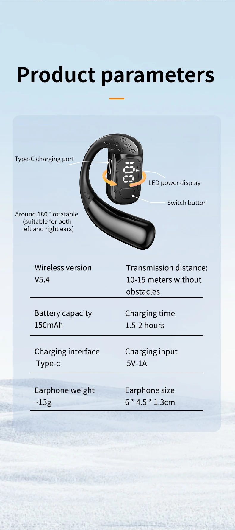 Sans fil Bluetooth 5.4 ouvert 180 °   casque à conduction d'air rotatif avec affichage de la batterie LED sur les deux oreilles et un écouteurs avec microphone