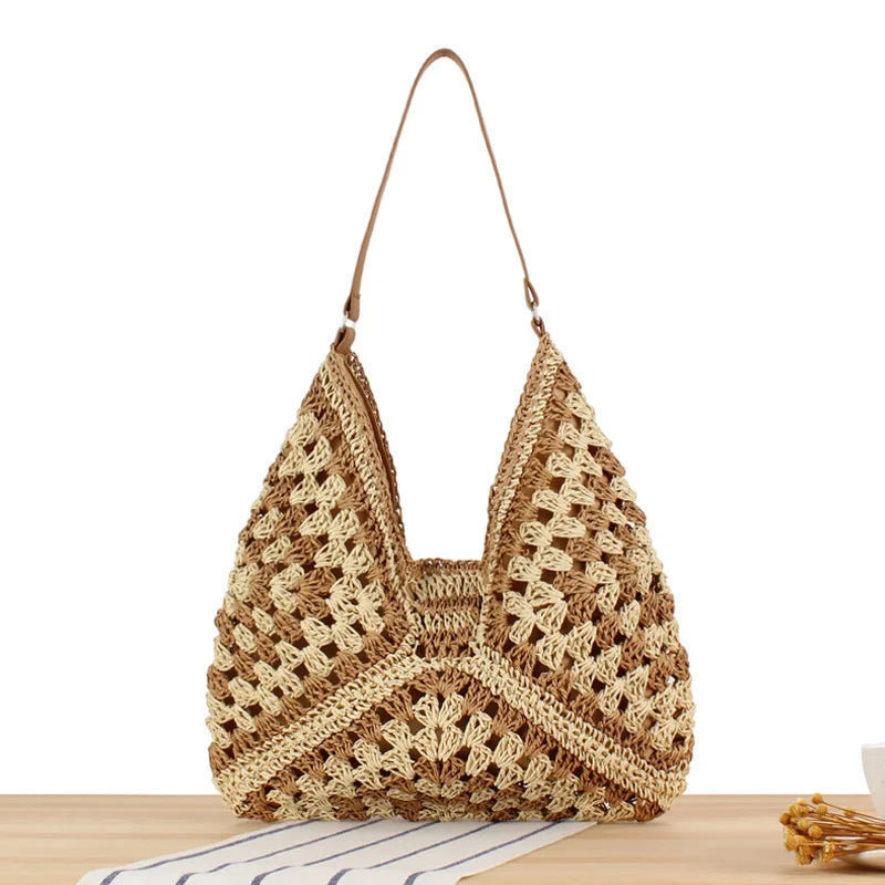 Sac à main d'été bohème tressé, fourre-tout décontracté, sac de plage en paille creuse, sac initié tissé, sac de voyage en raphia et rotin