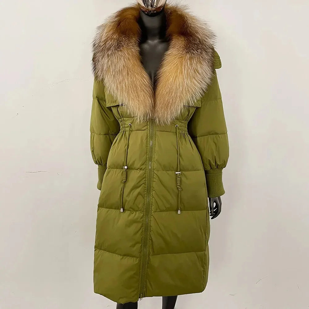 Doudoune longue avec col en fourrure pour femme, pardessus en fourrure de renard, longueur aux genoux, à la mode, chaude, cintrée à la taille, vêtements d'extérieur amincissants