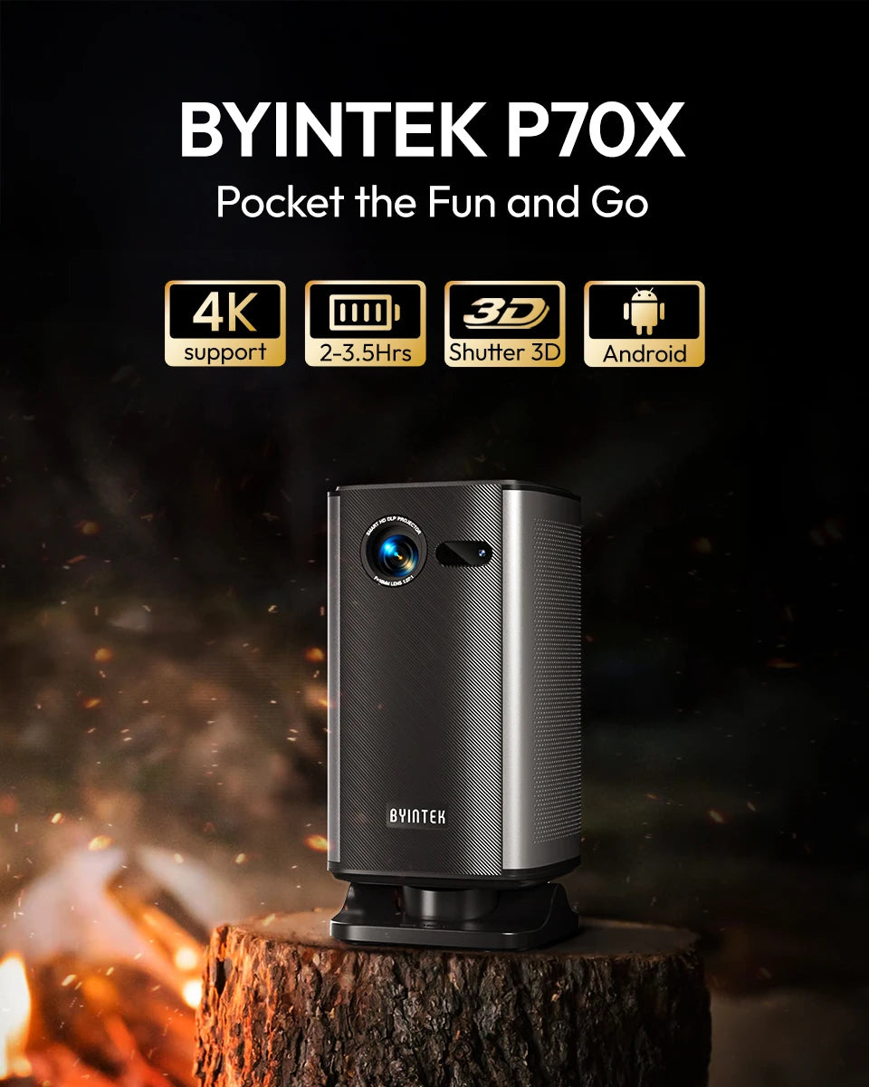 BYINTEK P70X Mini projecteur Portable avec batterie intégrée 4K Support 3D Wifi pour projecteurs de cinéma maison de nuit de films en plein air