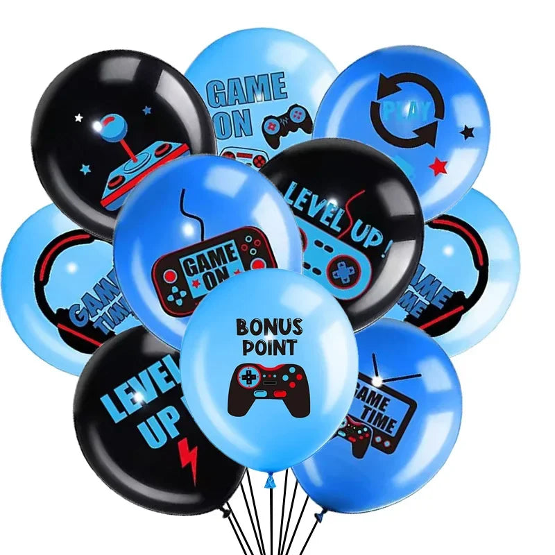 Blue game on balloons, video game controller themed latex balloon, Happy Boys game, children's birthday party favors, Gamer level up balloon