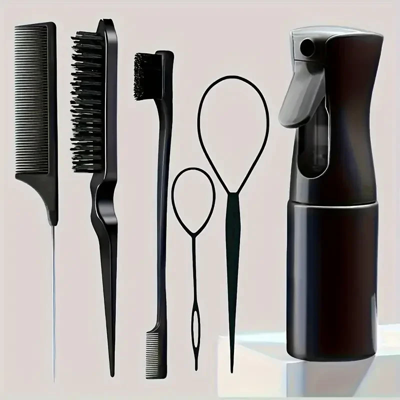 Hairbrush set, spray bottle, braiding loop, rat tail comb, teaser, edge brush, curly hair accessories, 6 pieces