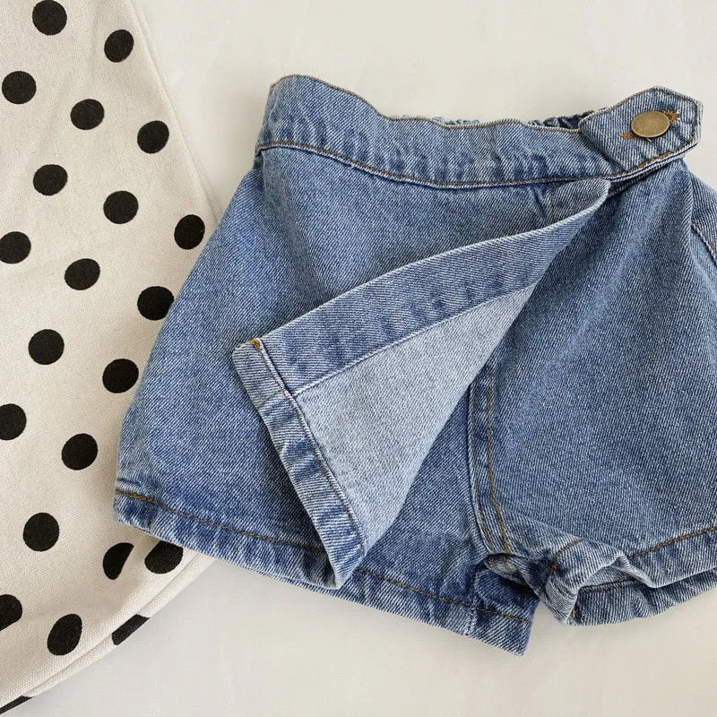 Mode coréenne nouvel été enfants fille jupe short solide taille élastique bouton doux Denim Culotte enfants vêtements polyvalents