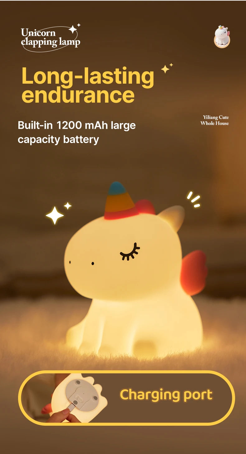 Veilleuse licorne mignonne en Silicone pour enfants, veilleuse LED à intensité variable, lampe licorne Squishy, lampe de chevet Rechargeable
