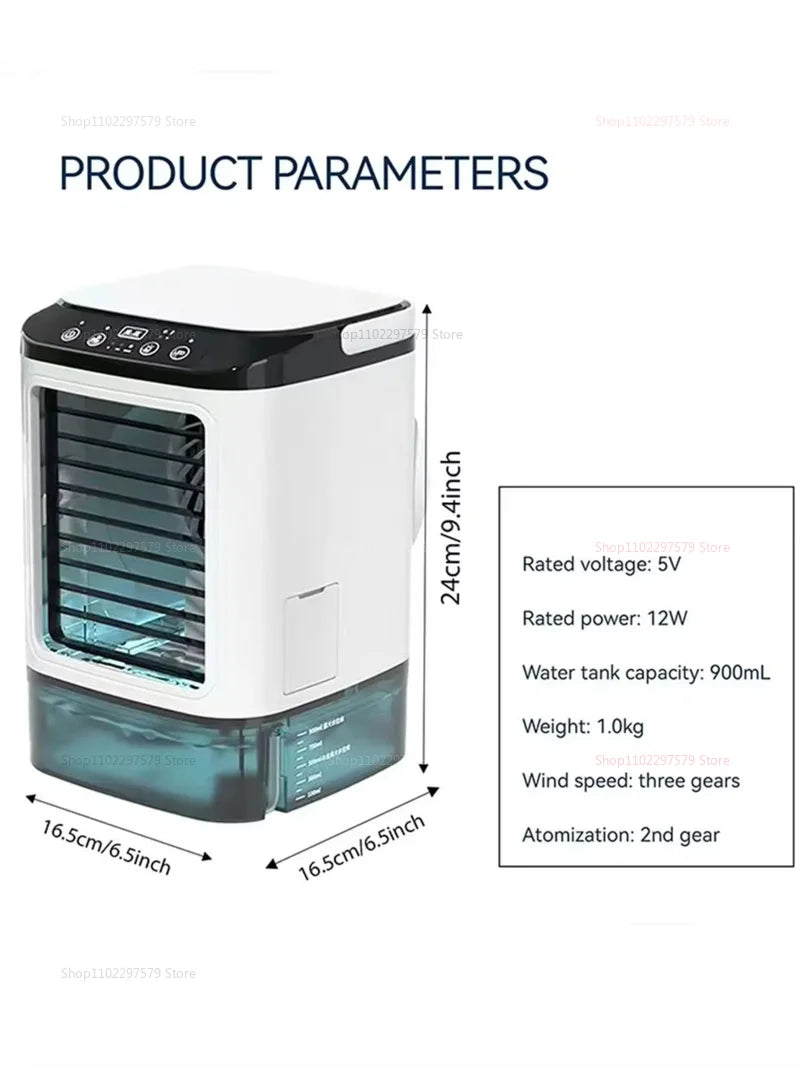 Mini portable desktop air cooler fan, quiet operation, equipped with a spray humidifier, ideal for cooling and hydrating, for the office and home.