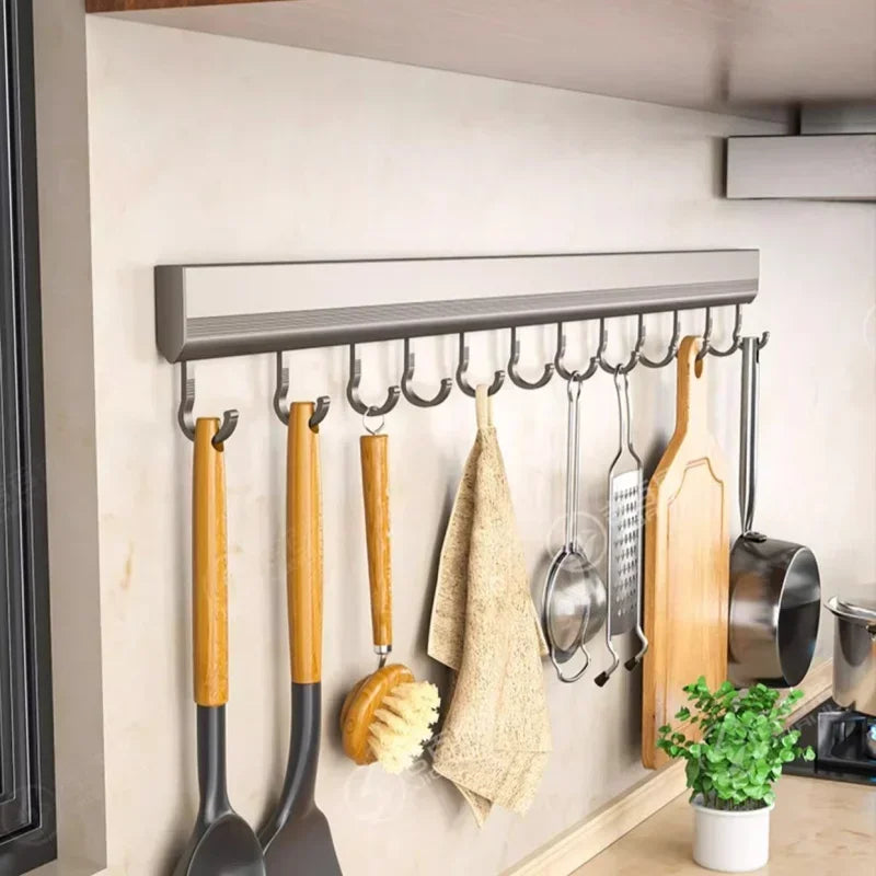 Crochet de cuisine mural, support de rangement de cuisine, support de crochet de rangée, étagères sans poinçonnage avec crochet mobile, ustensile de cuisine