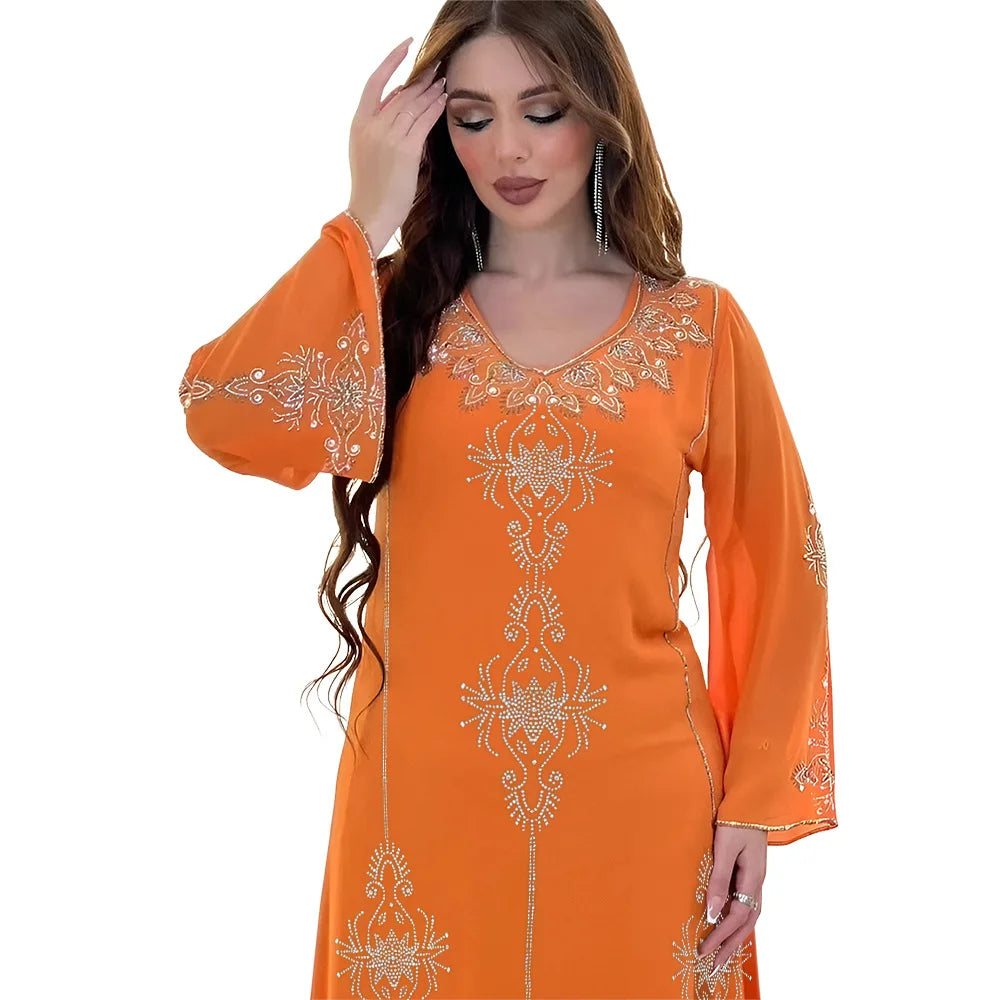 Eid Jalabiya - Women's Muslim Evening Dress, Diamond Lace-Up Arabic Abayas, Long Dresses, Elegant Dress, Educational Dress for Ramadan