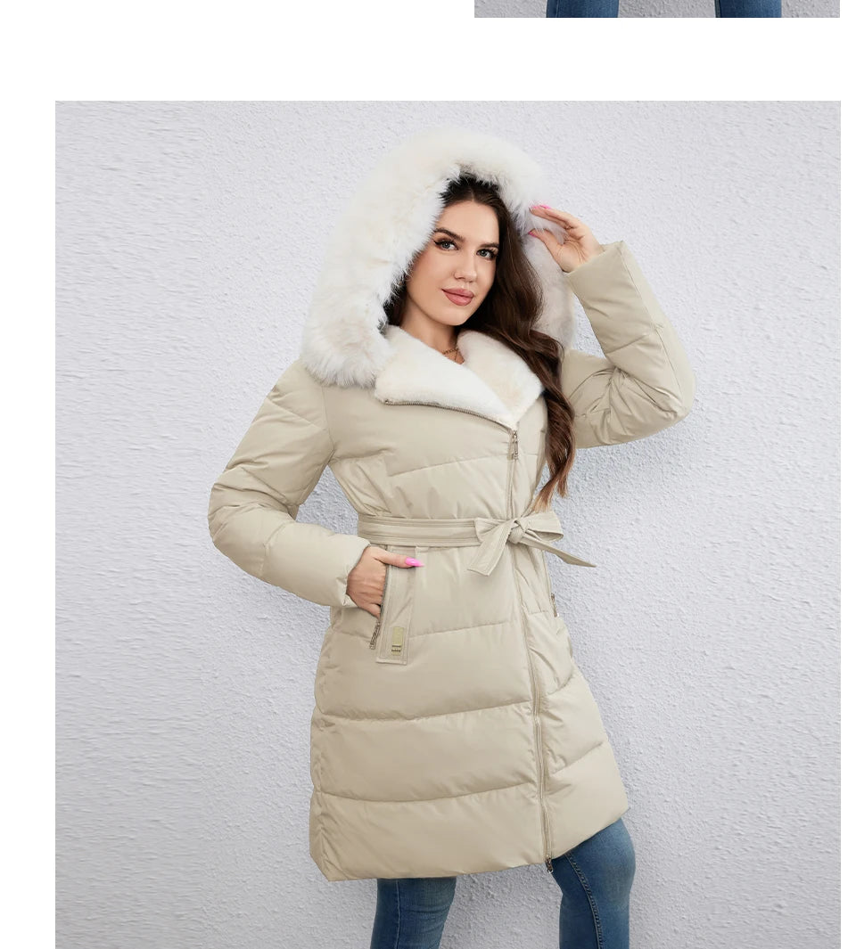 HaiLuoZi-Doudoune Longue en Coton pour Femme avec Ceinture en Fourrure, Manteau à Revers, Fermeture Éclair Indépendante, Vêtements d'Extérieur, Nouvelle Collection Hiver 2023, 1171