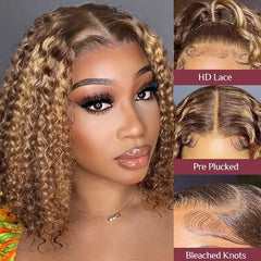 Short curly bob wig with 4/27 honey blonde highlights, 100% human hair, 13x4 lace front, deep wave, for women, virgin human hair