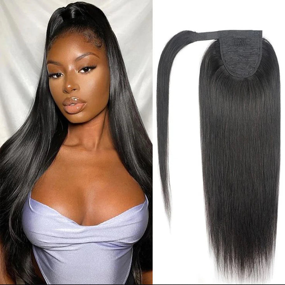 100G queue de cheval Extensions de cheveux humains enveloppe droite autour de la prêle 100% Remy cheveux humains 10 "-32" Extension de queue de cheval pour les femmes