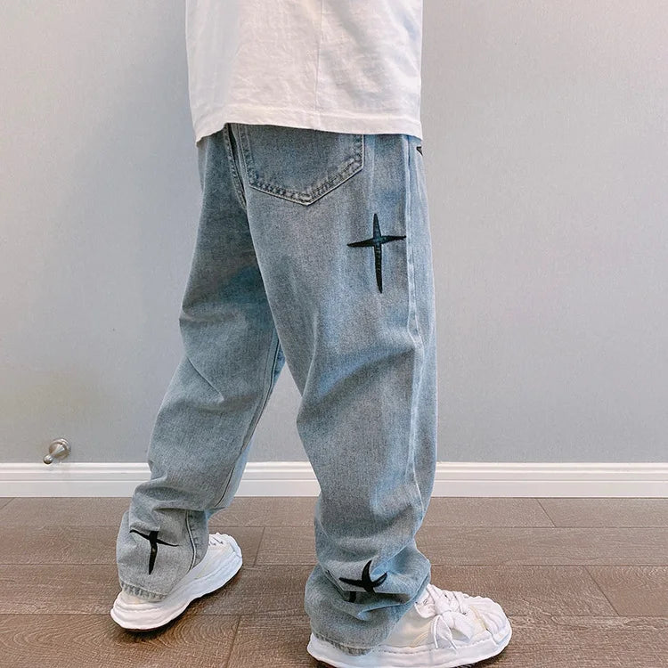 Men's printed jeans, streetwear, baggy, wide leg, Korean fashion, draped, straight, casual, loose fit, cargo pants, new 2023 collection