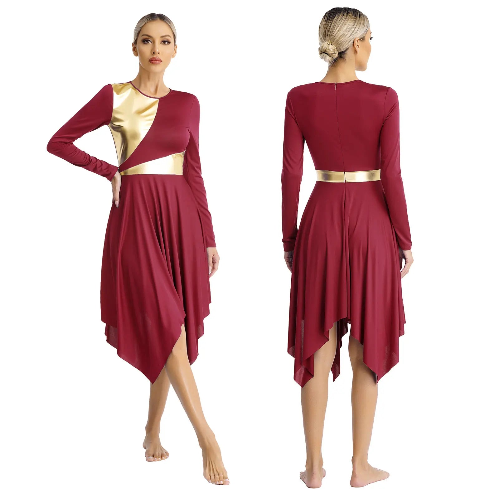 Robe de danse lyrique à manches longues pour femmes, robe à ourlet irrégulier, costume de spectacle liturgique, vêtements de danse modernes, culte de la chorale d'église