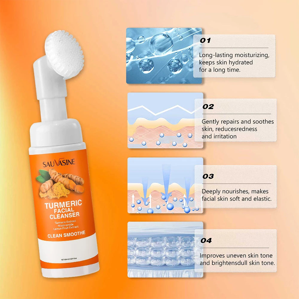 Nettoyant au curcuma hydratant le visage éclaircissant le teint de la peau mousse de lavage du visage quotidienne avec brosse soins de la peau propre extrait de fruit de citron