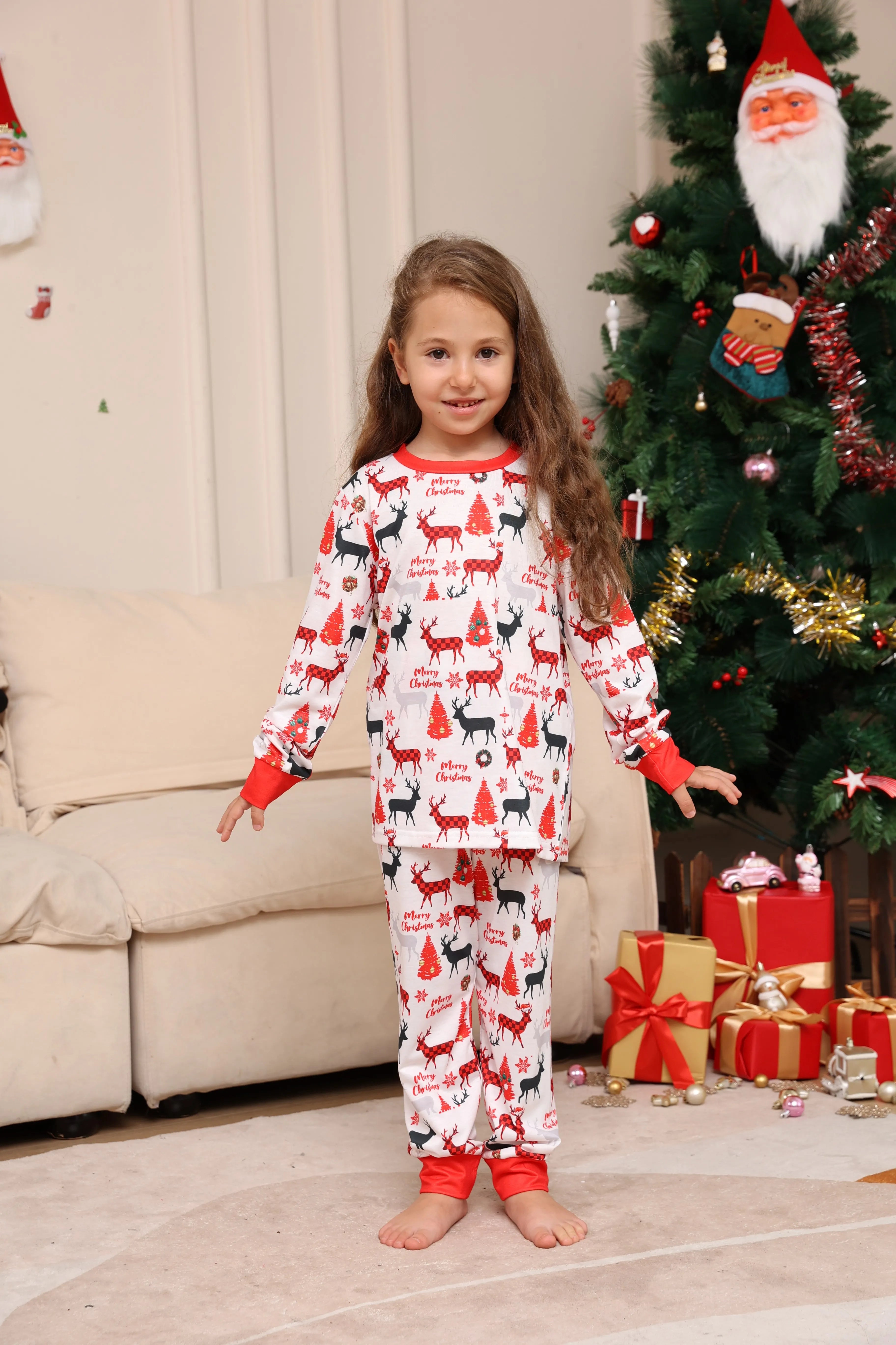 Ensemble pyjama de Noël pour enfants – Pyjama assorti rouge blanc à imprimé partout avec renne, arbre, « Joyeux Noël »