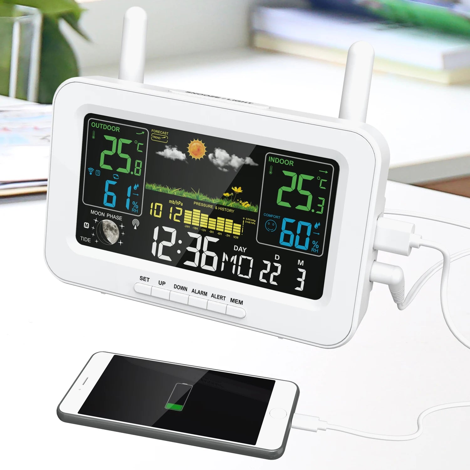 Station Météo Intelligente avec Sortie USB, Thermomètres et Hygromètres, Température, Humidité, Horloge, Pression Atmosphérique