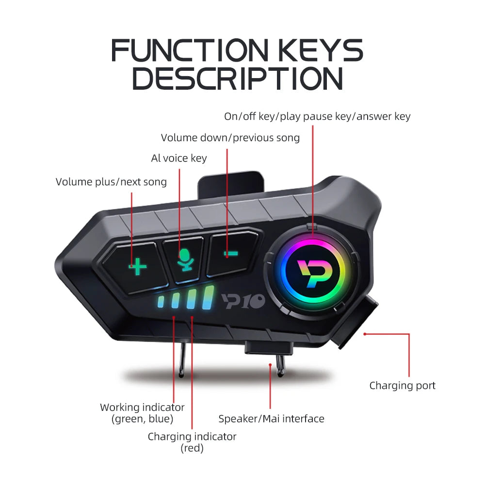 Casque de moto Bluetooth 5.3 sans fil, étanche IPX6, réduction du bruit, écouteur, 2000mAh, longue veille, mains libres