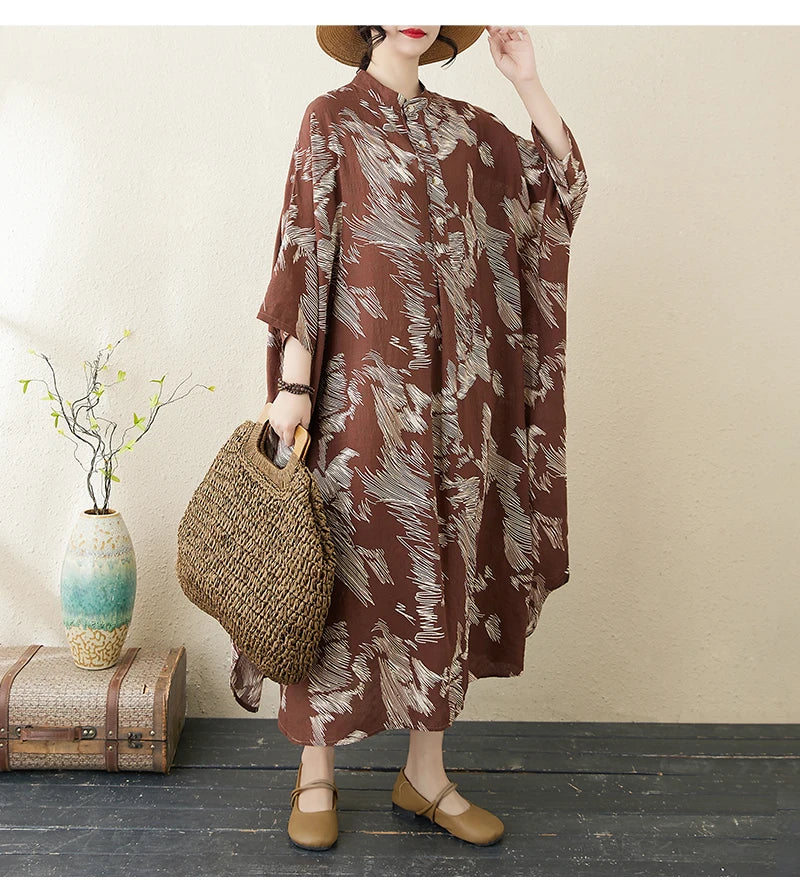 Summer commute. Cotton linen print loose long dress with high neck A-line skirt. Seven long dresses available in plus sizes.