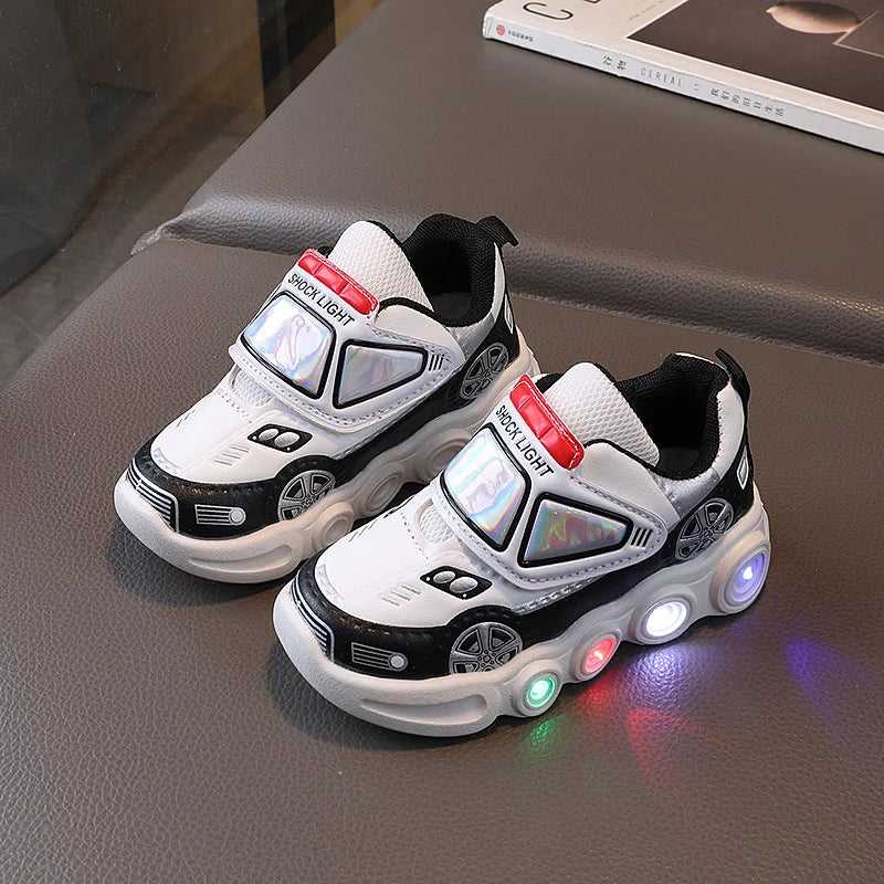 Diseny enfants chaussures décontractées lumière LED voiture Club dessin animé en cuir PU printemps chaussures pour enfants anti-dérapant rouge bleu chaussures taille 21-30