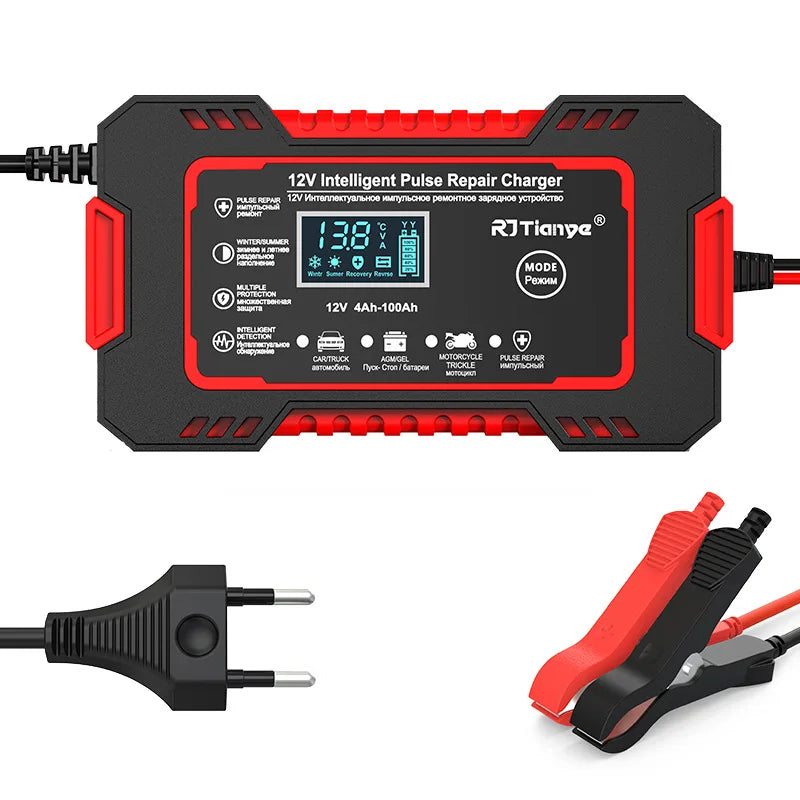 12V 6A Car Battery Charger, Pulse Repair, LCD Screen, Smart Fast Charging, AGM, Deep Cycle, GEL, Lead Acid, for Cars and Motorcycles