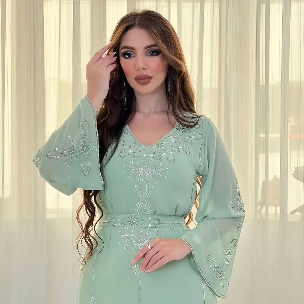 Eid Jalabiya - Women's Muslim Evening Dress, Diamond Lace-Up Arabic Abayas, Long Dresses, Elegant Dress, Educational Dress for Ramadan