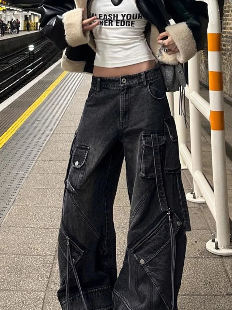FjRopa Mujer-Jean Cargo Noir Délavé Style Punk Y2K pour Femme, Pantalon Baggy, Vêtements de Styliste, Jambes Larges, 2024