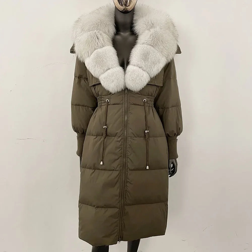 Doudoune longue avec col en fourrure pour femme, pardessus en fourrure de renard, longueur aux genoux, à la mode, chaude, cintrée à la taille, vêtements d'extérieur amincissants