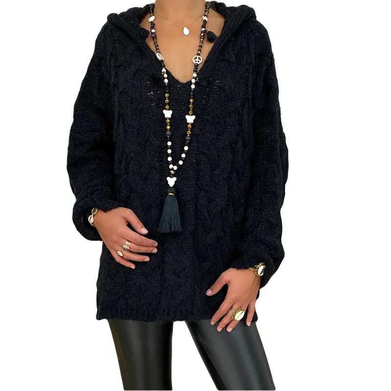 20 Colors Women's Loose Twist Knot Knitted Sweaters Autumn Winter Women's Hooded Knit Pullover Coats XXBLH-1058