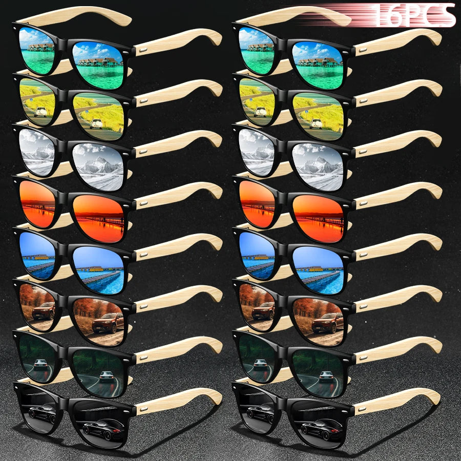 16 pièces mode bambou bois Vintage carré lunettes de soleil en bois hommes femmes marque de luxe concepteur lunettes de soleil conduite pêche UV400