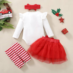 Ensemble de vacances pour enfants, body imprimé père noël + jupe en fil + bandeau + chaussettes, ensemble de noël pour bébé fille de 0 à 18 mois, 4 pièces/ensemble