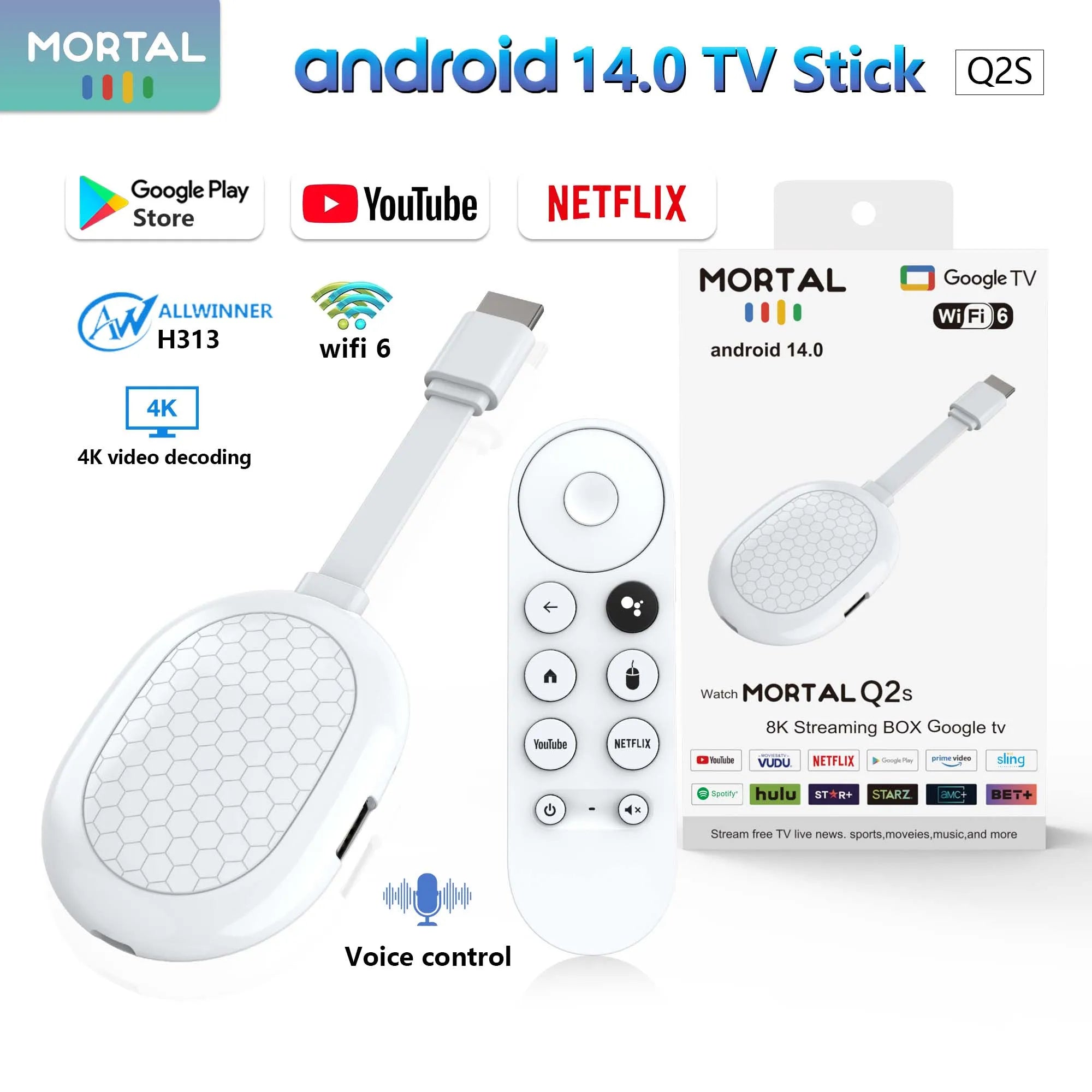 Clé TV intelligente Android 14 Allwinner H313 Mortal Q2S Chromecast Télécommande vocale WiFi 6 4K à 60 ips WiFi 6 Bluetooth 2 Go 8 Go 16 Go Streaming