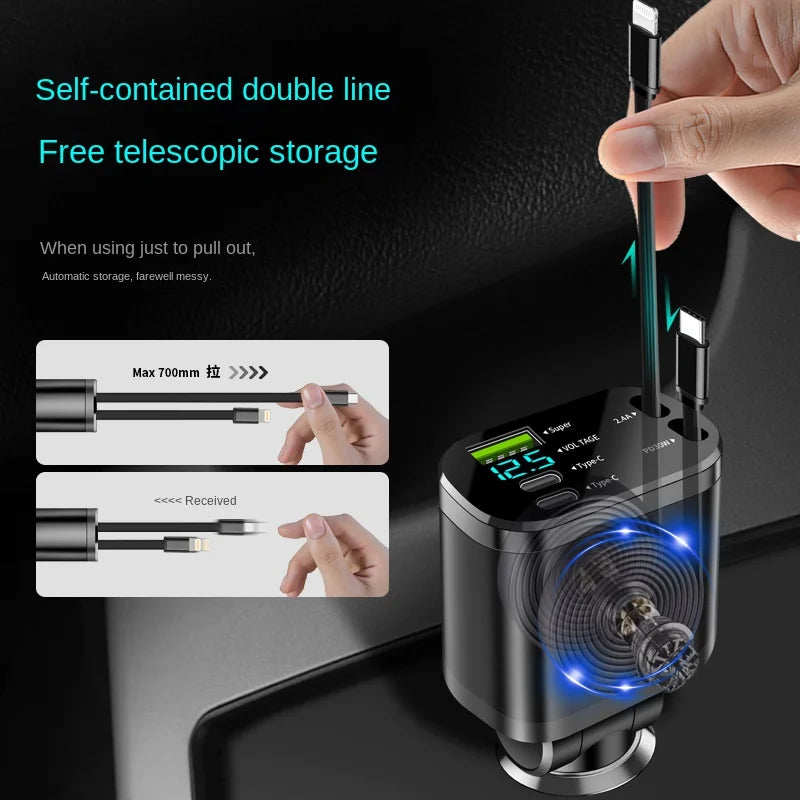 Chargeur de voiture, chargeur de voiture avec câble rétractable, PD de voiture, charge rapide de voiture, charge super rapide, charge flash, cig cinq en un