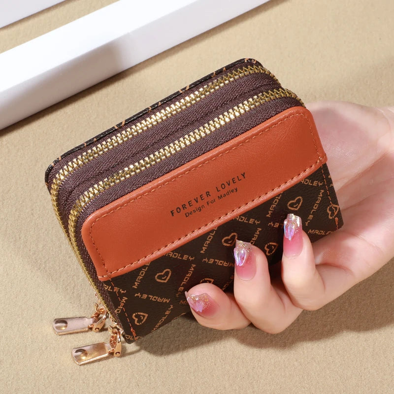 Mini faux leather wallet with double zipper, compact classic pouch, multiple card slots, matching pocket, RFID protection, chic 