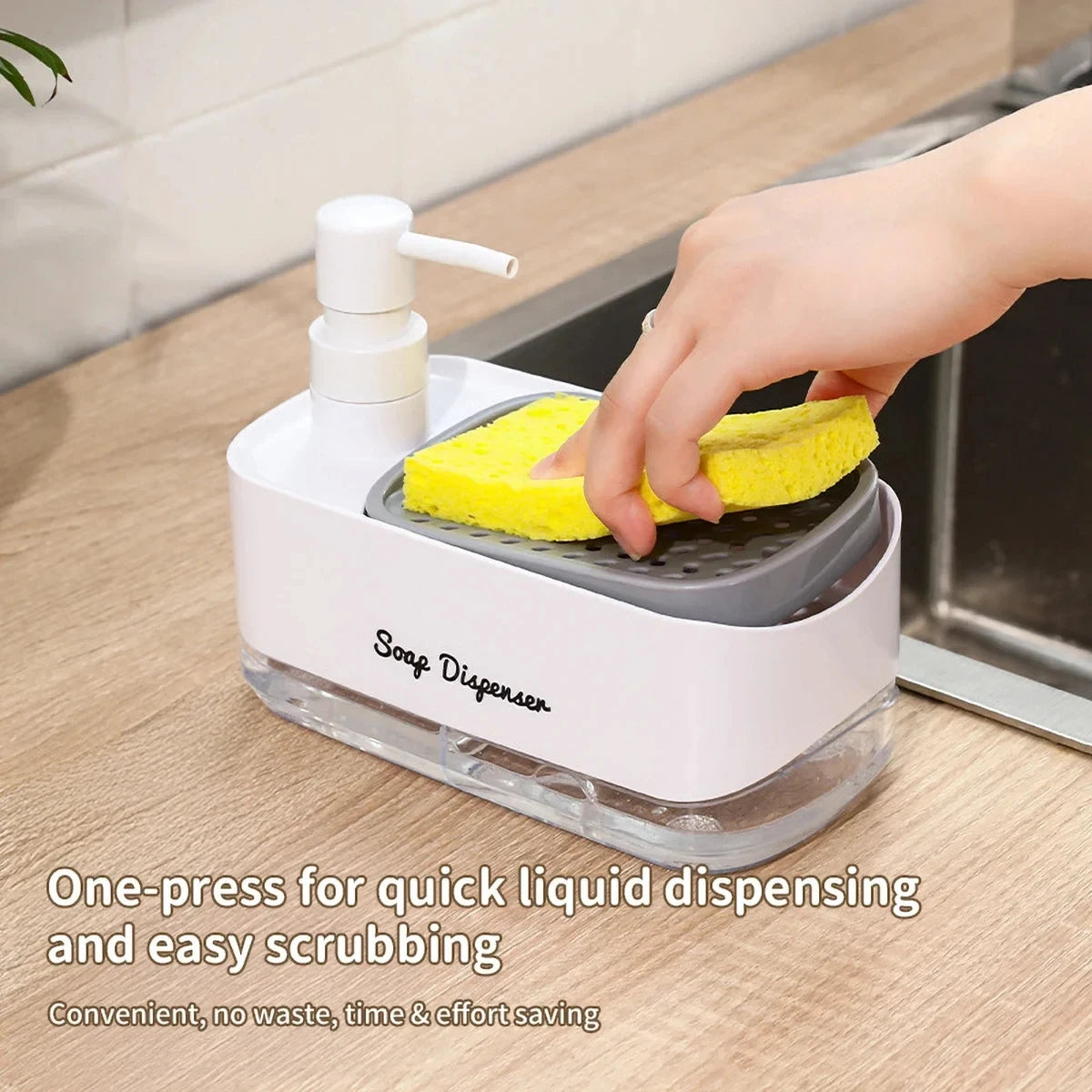 Ensemble distributeur de savon pour les mains et la vaisselle, distributeur de détergent, porte-éponge, pompe à savon de comptoir 2 en 1 pour évier de cuisine